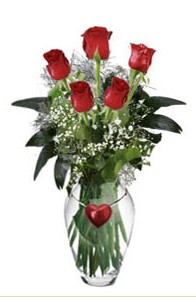  G�lba�� �i�ek yolla , �i�ek g�nder , �i�ek�i   5 adet kirmizi g�l ve kalp �ubuklu