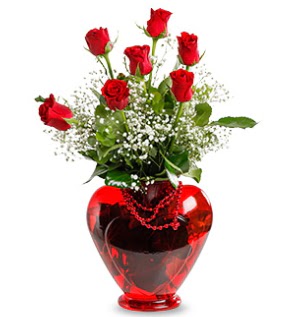 Kalp cam i�inde 7 adet k�rm�z� g�l  G�lba�� �i�ek�i g�venli kaliteli h�zl� �i�ek  