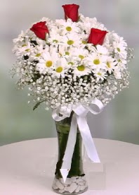 Cam i�inde papatyalar 3 adet k�rm�z� g�l  G�lba��na �i�ek , �i�ek�i , �i�ek�ilik 