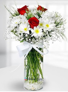 3 k�rm�z� g�l ve krizantemler camda  G�lba�� �i�ek�iler  �i�ek sipari�i sitesi 