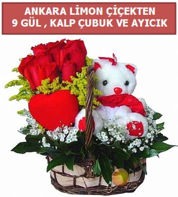 Kalp �ubuk sepette 9 g�l ve ay�c�k  G�lba�� anneler g�n� �i�ek yolla  