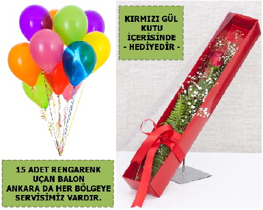 15 Adet u�an balon ve kutuda k�rm�z� g�l  G�lba�� �i�ek online �i�ek sipari�i 