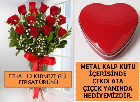 12 adet k�rm�z� g�l ve kalp kutuda �ikolata  G�lba�� anneler g�n� �i�ek yolla 