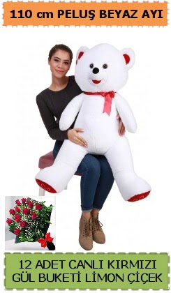 110 cm beyaz kocaman pelu� ay� ve 12 g�l  Ankara G�lba�� 14 �ubat sevgililer g�n� �i�ek 
