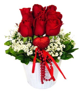 9 k�rm�z� g�l seramik ve kalp �ubuk  Ankara G�lba�� 14 �ubat sevgililer g�n� �i�ek 