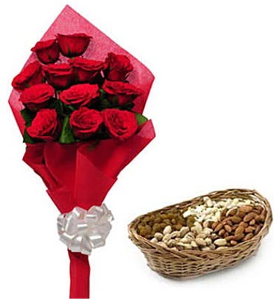 11 adet k�rm�z� g�l ve sepette kuruyemi�  G�lba�� �i�ek sipari�i yurti�i ve yurtd��� �i�ek sipari�i 