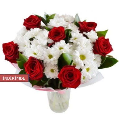 7 k�rm�z� g�l ve 1 demet krizantem  G�lba�� �i�ek g�nder cicekciler , cicek siparisi 