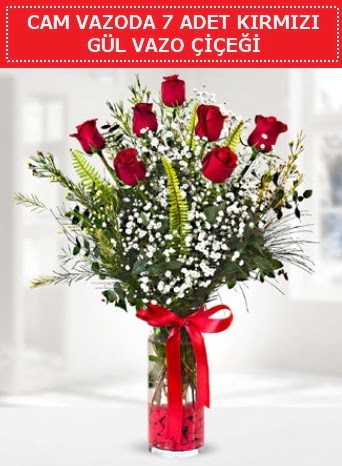Cam vazoda 7 adet k�rm�z� g�l �i�e�i  G�lba�� �i�ek g�nder cicekciler , cicek siparisi 