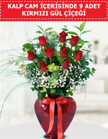 K�rm�z� kalp camda 9 k�rm�z� g�l  Ankara G�lba�� hediye sevgilime hediye �i�ek 