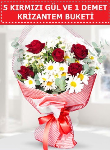 5 adet k�rm�z� g�l ve krizantem buketi  Ankara G�lba�� hediye sevgilime hediye �i�ek 