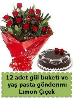 12 adet k�rm�z� g�l buketi ve ya� pasta  G�lba�� �i�ek g�nder cicekciler , cicek siparisi 