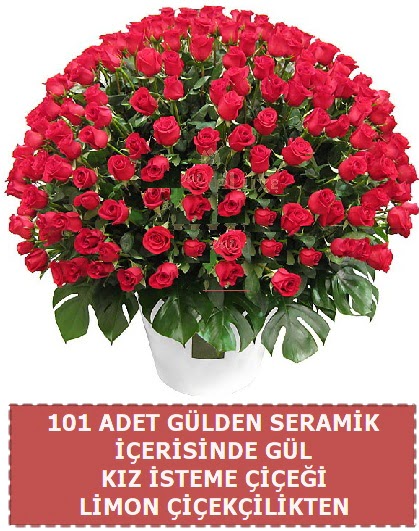 Seramik vazoda 101 gül kız isteme çiçeği  Ankara Gölbaşı 14 şubat sevgililer günü çiçek 