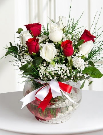 Aşk Küresi  5 beyaz 5 kırmızı gül fanusta  Gölbaşı çiçek siparişi yurtiçi ve yurtdışı çiçek siparişi 